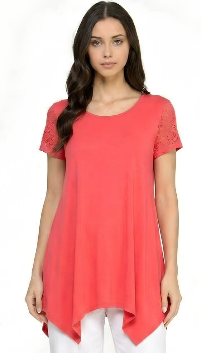1370RL Lace Sleeve Shark Bite Top – Fitted Draped Hem Top
