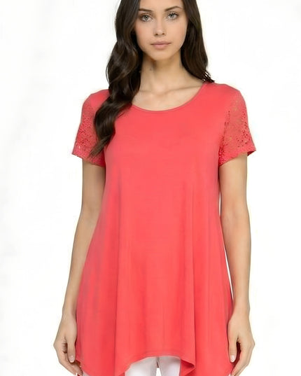 Lace Sleeve Shark Bite Top – Fitted Draped Hem Top