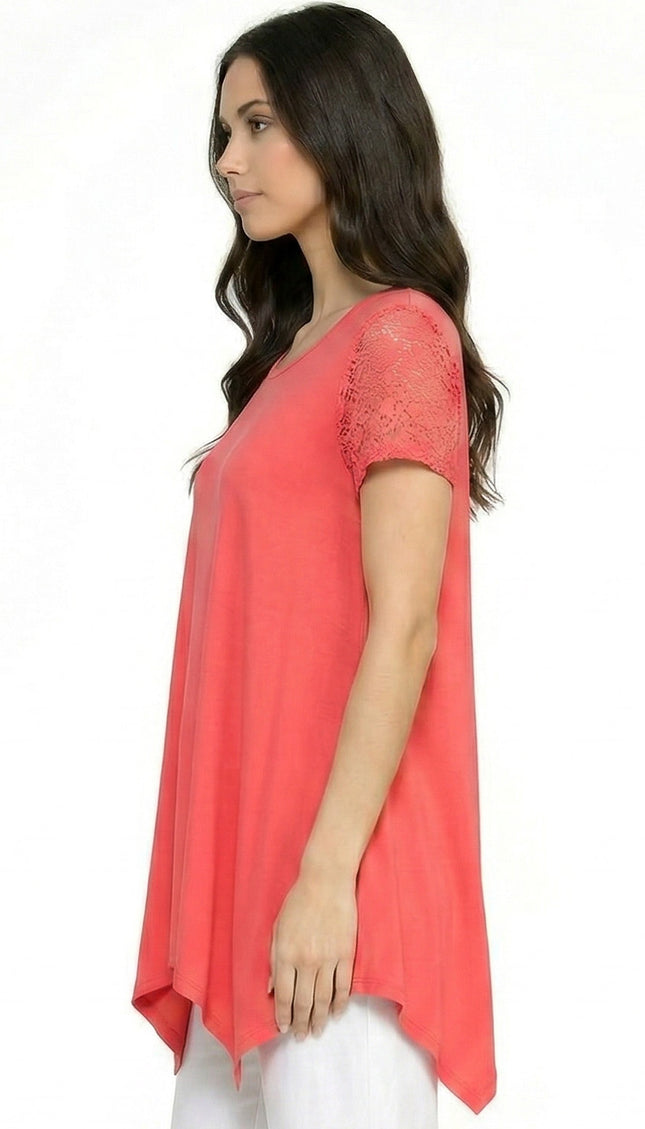 1370RL Lace Sleeve Shark Bite Top – Fitted Draped Hem Top