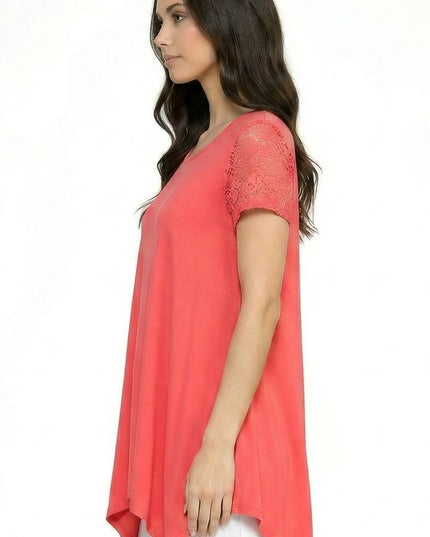 Lace Sleeve Shark Bite Top – Fitted Draped Hem Top