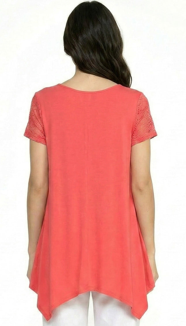 1370RL Lace Sleeve Shark Bite Top – Fitted Draped Hem Top
