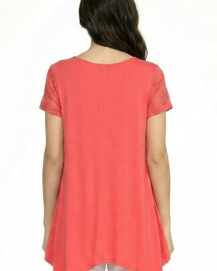 Lace Sleeve Shark Bite Top – Fitted Draped Hem Top