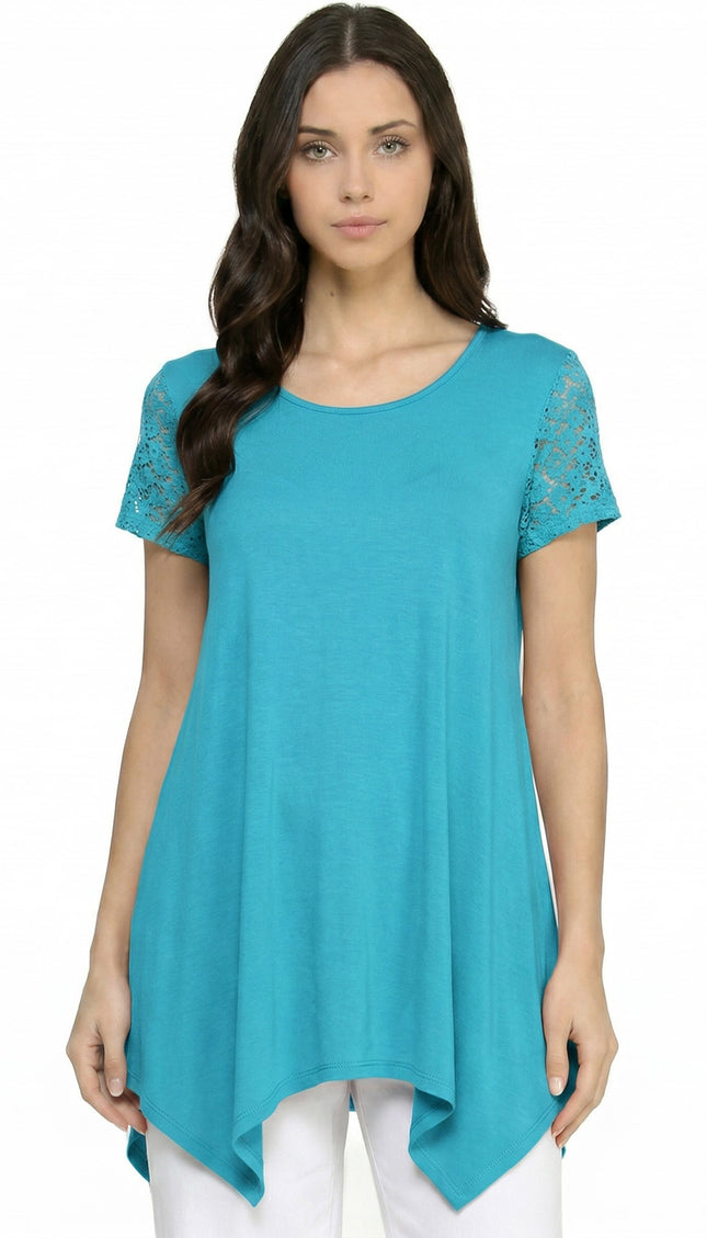 1370RL Lace Sleeve Shark Bite Top – Fitted Draped Hem Top