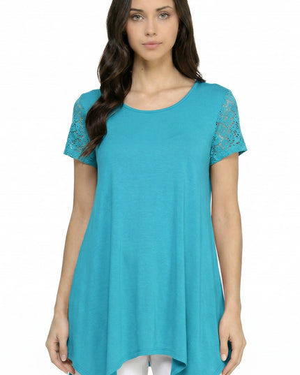 Lace Sleeve Shark Bite Top – Fitted Draped Hem Top