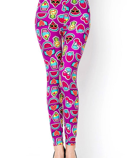 PLUS J208 PLUS SIZE CUPCAKE, CHERRY & WATERMELON PRINT LEGGINGS