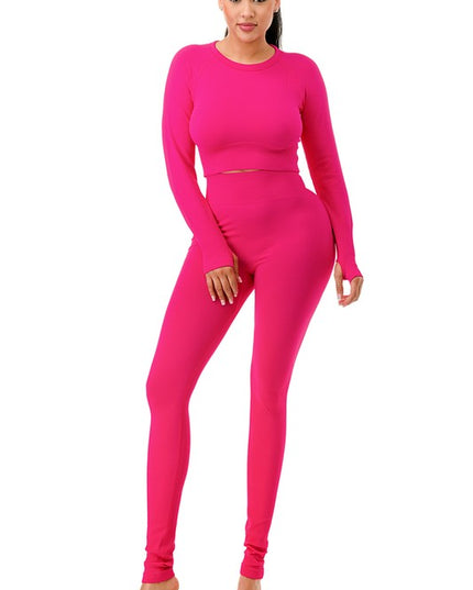 JA36SET DIAMOND  STRIPE TEXTURED LONG SLEEVE CROP TOP SET
