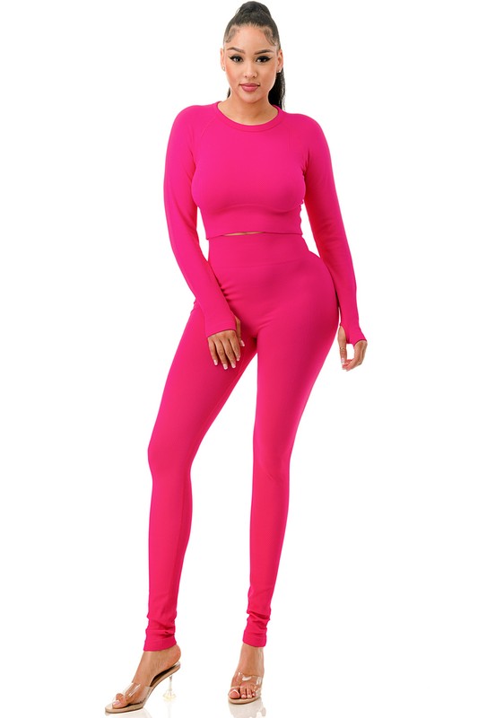 JA36SET DIAMOND  STRIPE TEXTURED LONG SLEEVE CROP TOP SET
