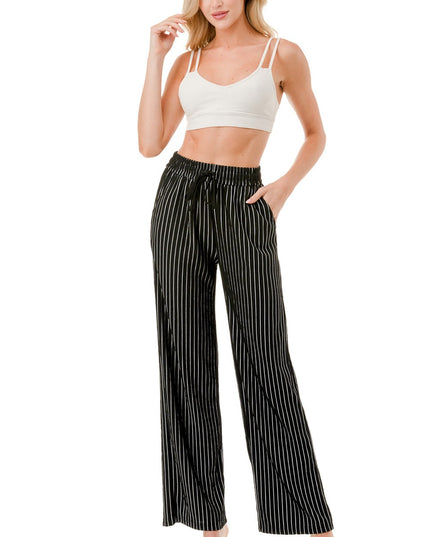 HK02S STRIPE PRINT CRINKLE WIDE LEG PANTS