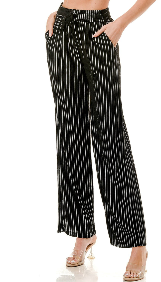 HK02S STRIPE PRINT CRINKLE WIDE LEG PANTS