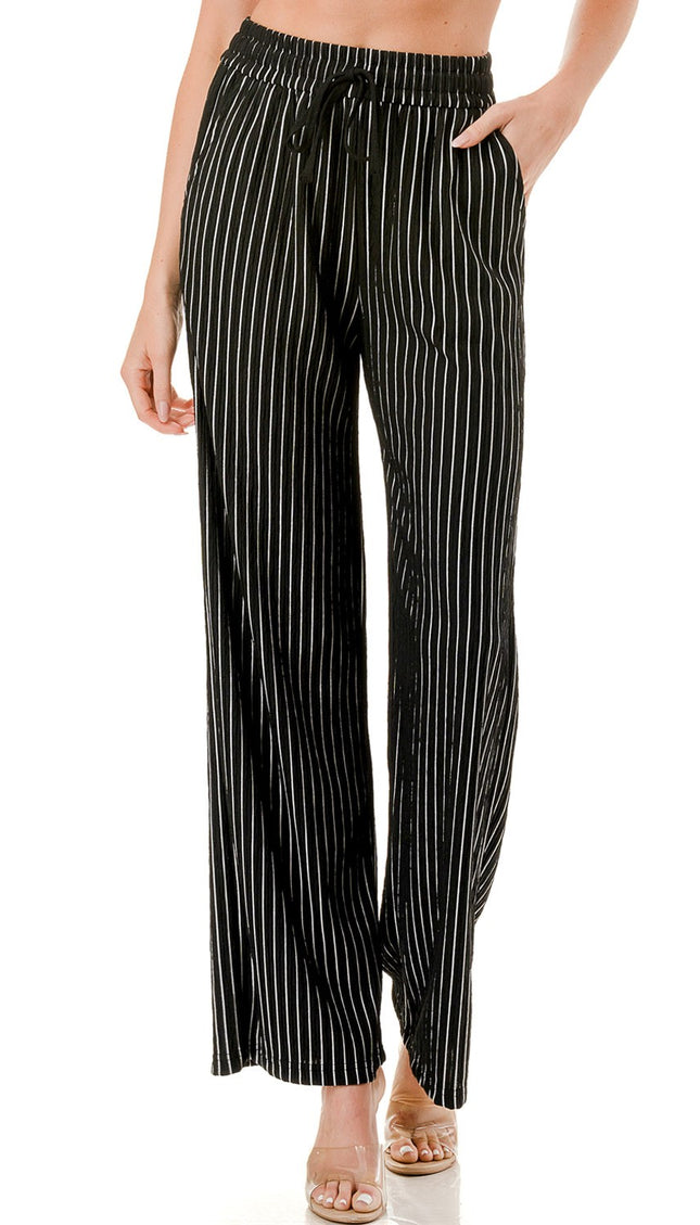 HK02S STRIPE PRINT CRINKLE WIDE LEG PANTS