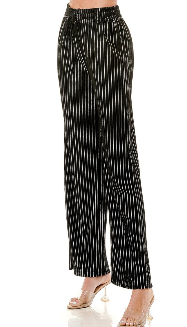 HK02S STRIPE PRINT CRINKLE WIDE LEG PANTS