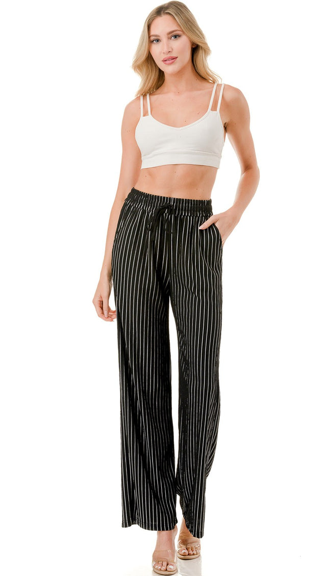 HK02S STRIPE PRINT CRINKLE WIDE LEG PANTS