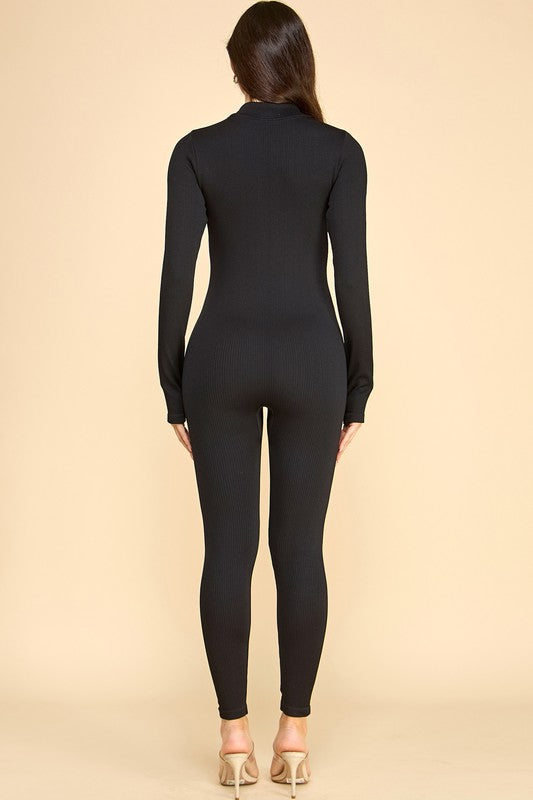 JS100 SOLID RIBBED ZIP FRONT JUMPSUIT