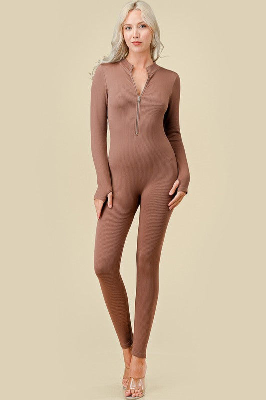 JS100 SOLID RIBBED ZIP FRONT JUMPSUIT