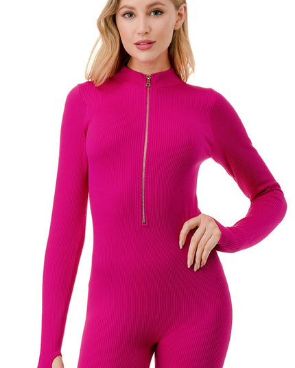 JS100 SOLID RIBBED ZIP FRONT JUMPSUIT