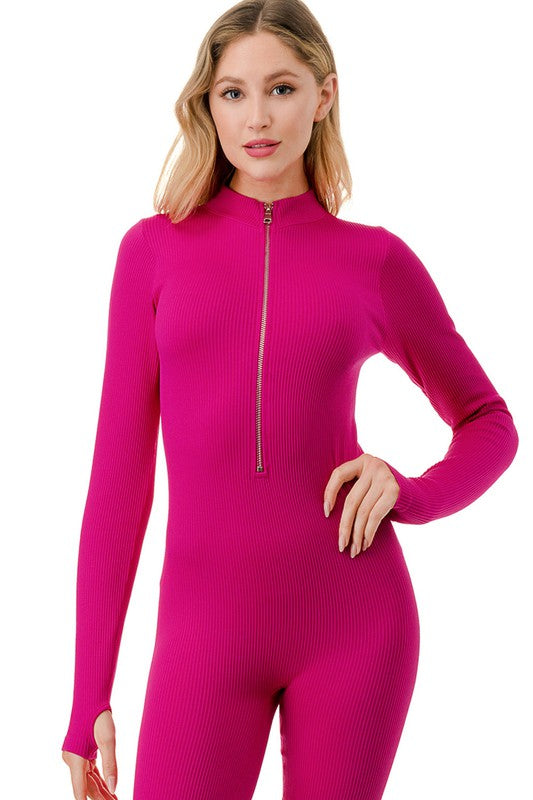 JS100 SOLID RIBBED ZIP FRONT JUMPSUIT
