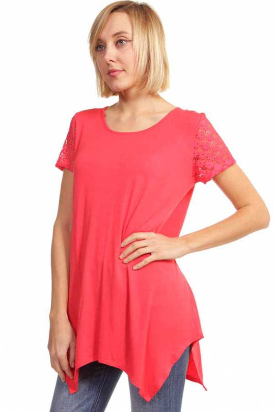 1370RL LACE SLEEVE SHARK BITE TOP