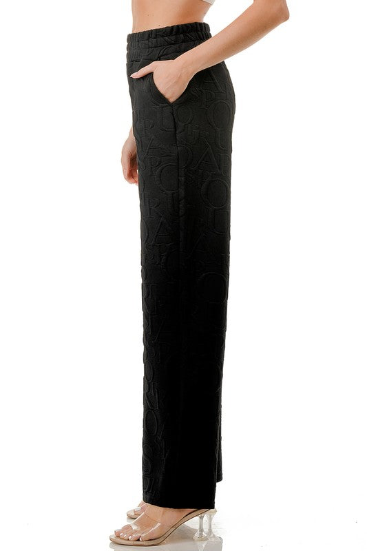 JAQ20-PANT JACQUARD LETTER EMBOSSED STRAIGHT PANTS