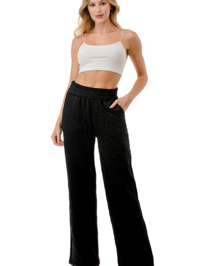 JAQ20-PANT JACQUARD LETTER EMBOSSED STRAIGHT PANTS