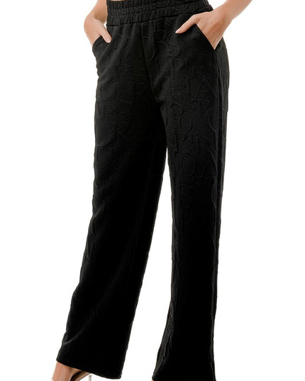 JAQ20-PANT JACQUARD LETTER EMBOSSED STRAIGHT PANTS