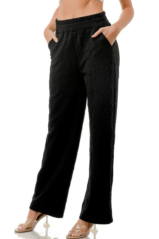 JAQ20-PANT JACQUARD LETTER EMBOSSED STRAIGHT PANTS