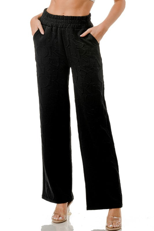 JAQ20-PANT JACQUARD LETTER EMBOSSED STRAIGHT PANTS