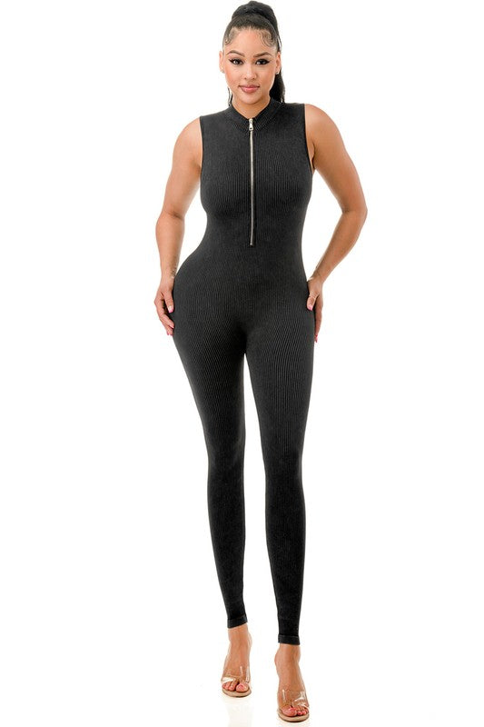 JS99MW MINERAL WASH HALF ZIP CATSUIT
