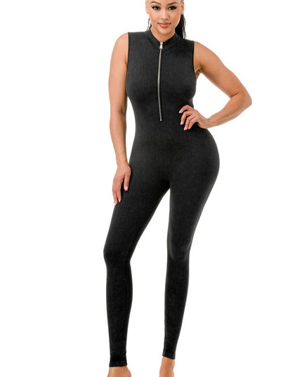 JS99MW MINERAL WASH HALF ZIP CATSUIT