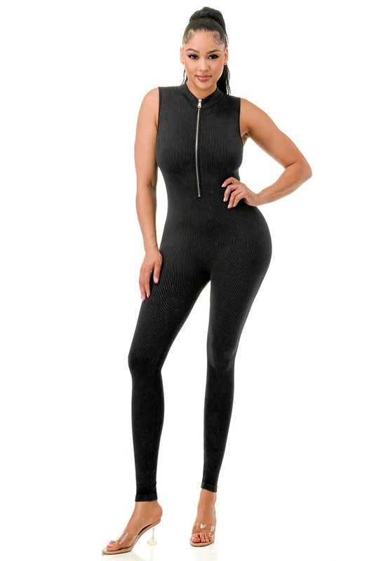 JS99MW MINERAL WASH HALF ZIP CATSUIT
