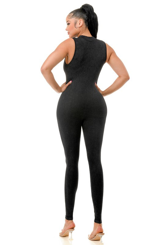 JS99MW MINERAL WASH HALF ZIP CATSUIT