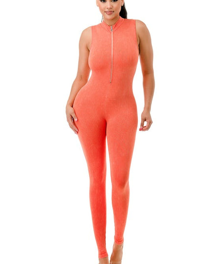 JS99MW MINERAL WASH HALF ZIP CATSUIT
