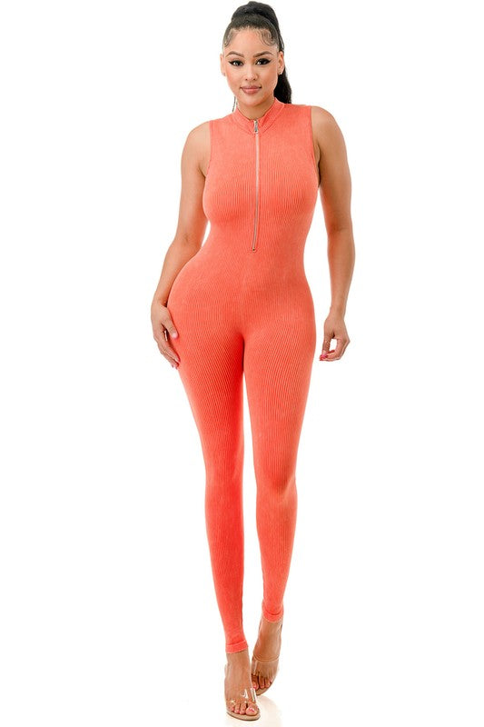 JS99MW MINERAL WASH HALF ZIP CATSUIT