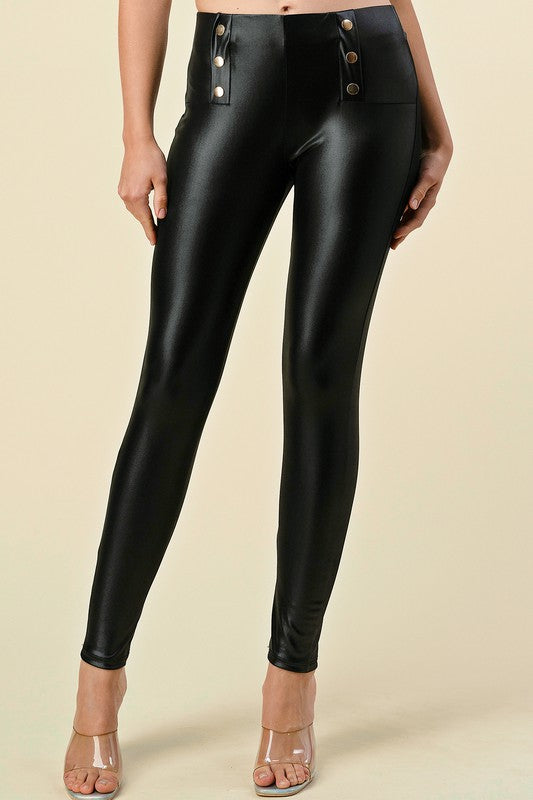 PU6BB BUTTON TRIMME VEGAN LEATHER LEGGINGS