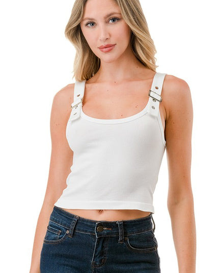Fitted Stretch Tank Top – Belt Trim Casual Style