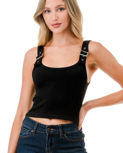 Fitted Stretch Tank Top – Belt Trim Casual Style