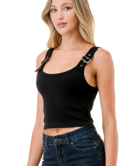 Fitted Stretch Tank Top – Belt Trim Casual Style