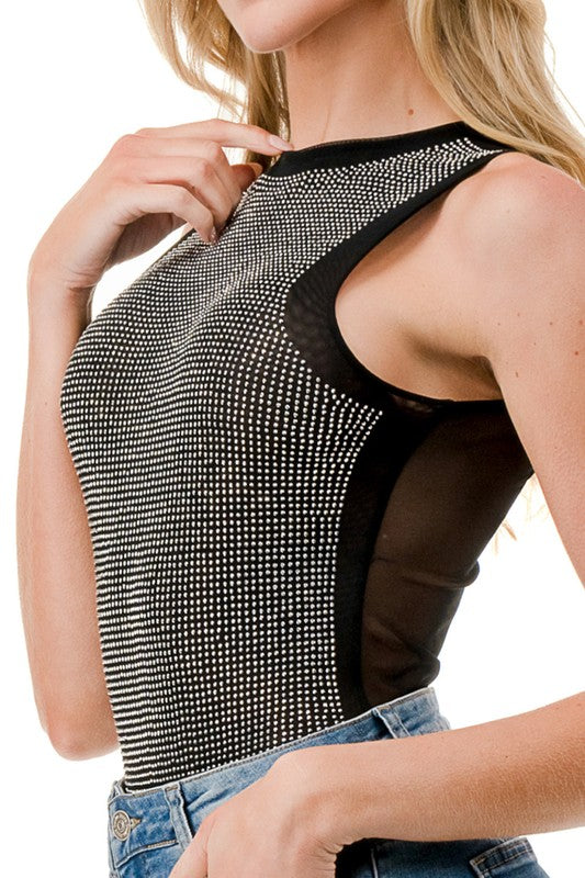 BST20 RHINESTONED MESH BODYSUITS