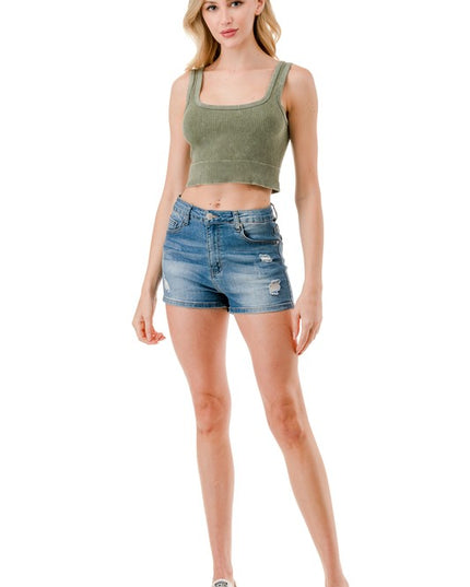 NT116MW MINERAL WASH SQUARE NECK CROP TANK TOP