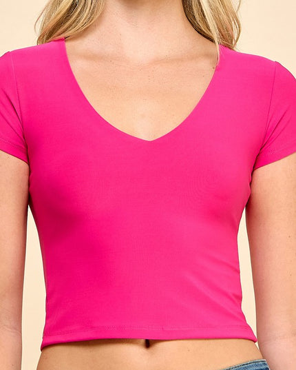 V-Neck Crop Top – Fitted Stretch Short Sleeve Top