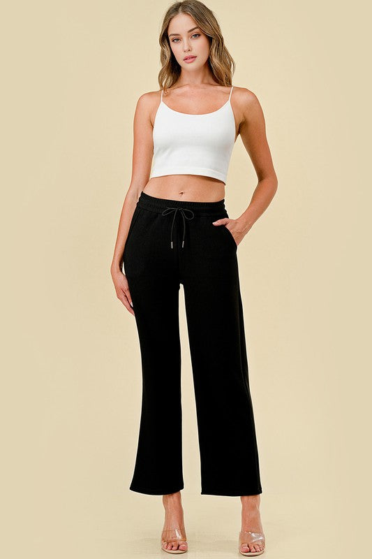 JFS505 MID-RISE DRAWSTRING WIDE LEG PANTS WITH FUR LINING
