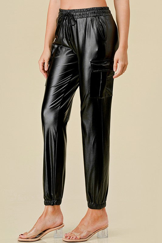 PUJOG501 Vegan Leather – Cargo Wide Leg Pants