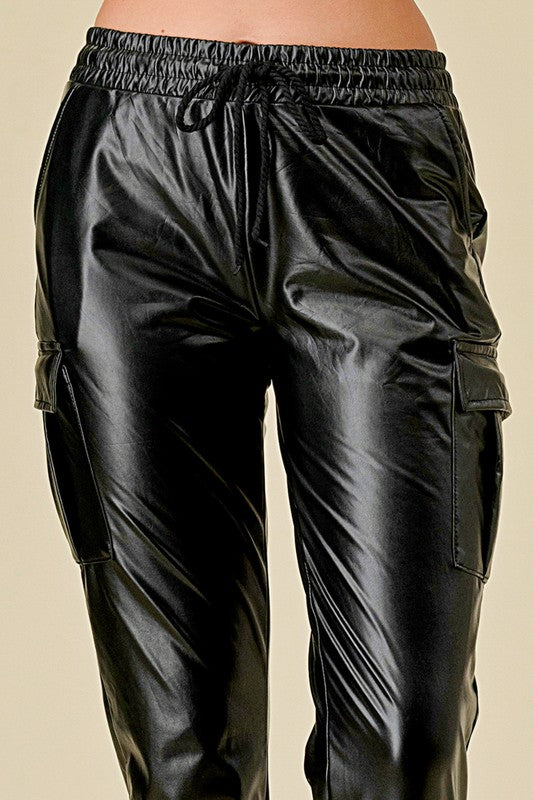 PUJOG501 Vegan Leather – Cargo Wide Leg Pants