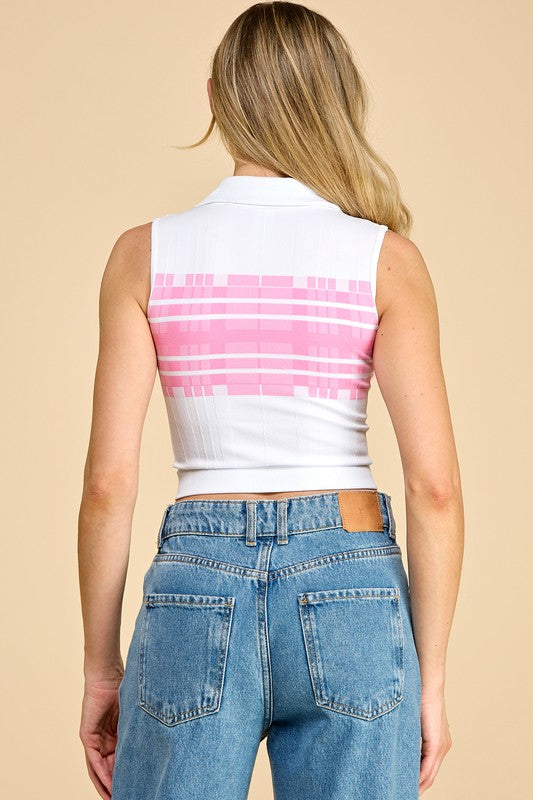 PT006 Striped Collar Crop Tank Top – Sporty Chic Style