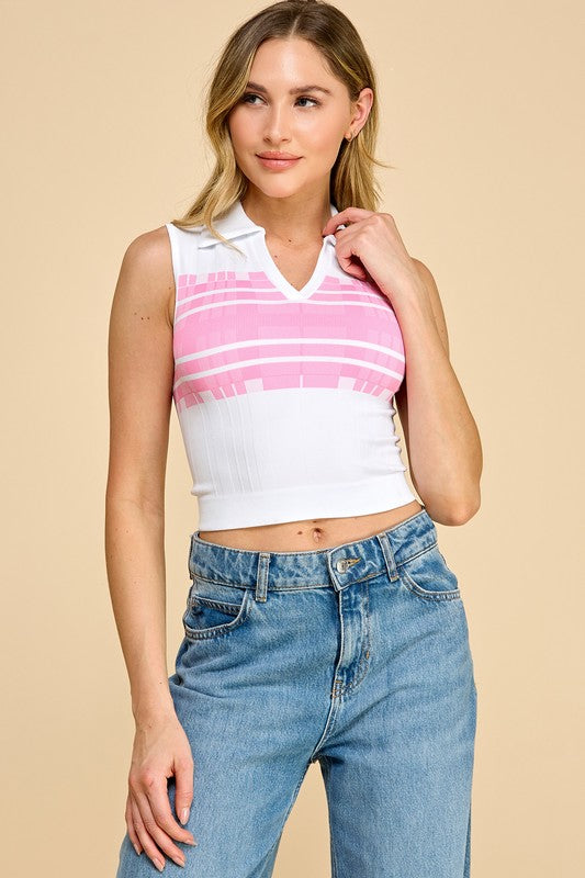 PT006 Striped Collar Crop Tank Top – Sporty Chic Style