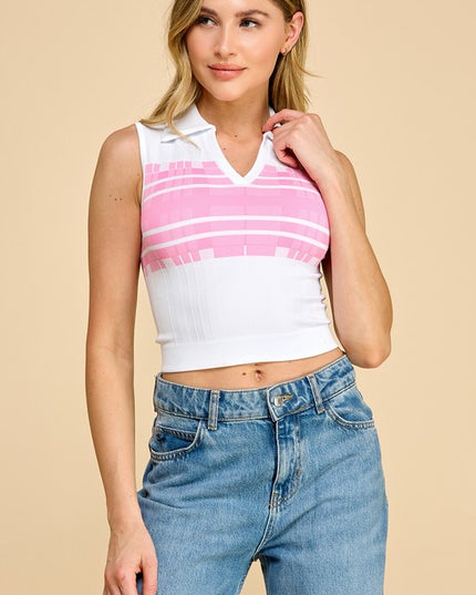 PT006 Striped Collar Crop Tank Top – Sporty Chic Style