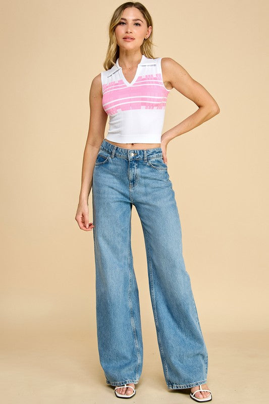 PT006 Striped Collar Crop Tank Top – Sporty Chic Style
