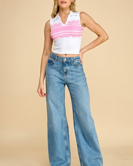PT006 Striped Collar Crop Tank Top – Sporty Chic Style