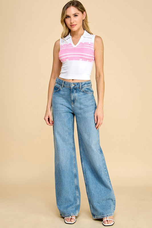 PT006 Striped Collar Crop Tank Top – Sporty Chic Style