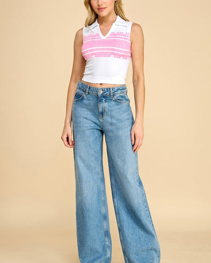 PT006 Striped Collar Crop Tank Top – Sporty Chic Style