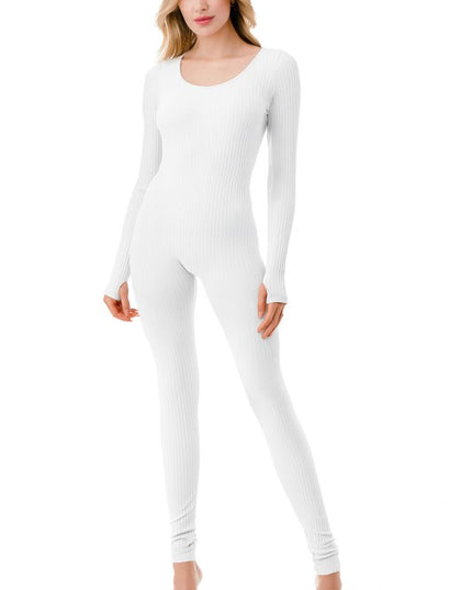 Rib Crewneck Long Sleeve Jumpsuit – Slim Fit Stretch